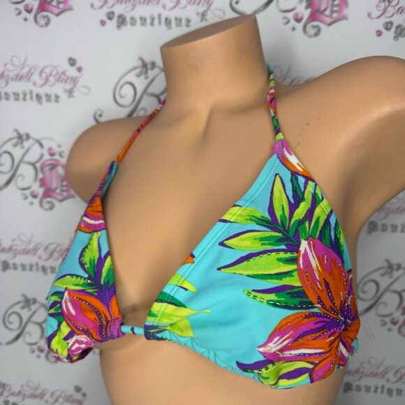xhilaration bikini top beaded tropical neon flowers beach swimming tie up bright - Picture 8 of 9